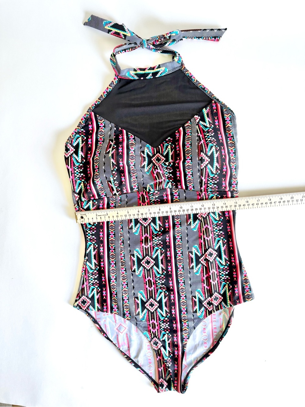Forever 21 Black & Multicolor High-Neck Tribal Halter Swimsuit - Picture 9 of 11